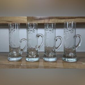 Vintage Etched Floral Hand Blown Shot Cordial Glasses Handles Set of 4, 4" Tall